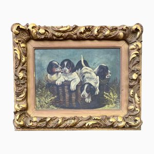 Artiste Victorien, Chiots dans un Panier, Années 1890, Peinture sur Toile, Encadrée