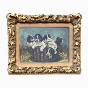Victorian Artist, Puppies in a Basket, 1890s, Painting on Canvas, Framed