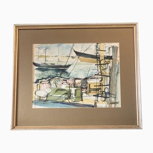 Abstract Sail Boating, 1970s, Watercolor on Paper, Framed