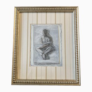 Abstract Male Figure, Artwork on Paper, 1980s, Framed