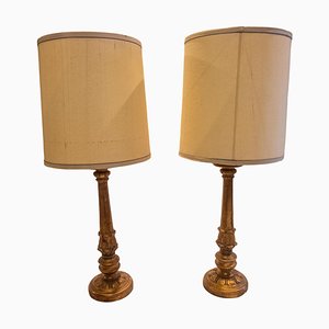 Lámparas de mesa Hollywood Regency italianas estilo florentino de madera dorada. Juego de 2