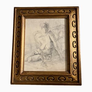 Abstract Female Nude, Charcoal Drawing, 1970s, Framed