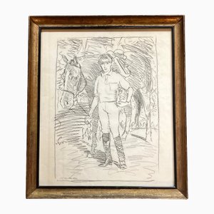 Young Male Equestrian, 1970s, Charcoal on Paper, Framed