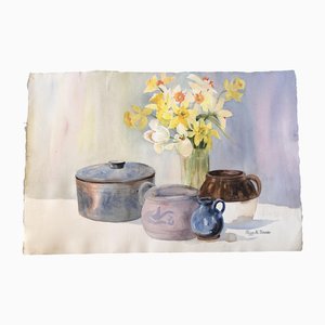 Nature Morte avec Pots et Jonquilles, 1970s, Aquarelle sur Papier