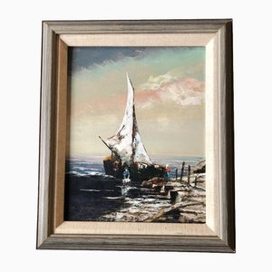 Paesaggio marino mediterraneo con barca e figure, anni '60, dipinto, con cornice