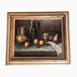 Bodegón con frutas y botellas, años 50, pintura sobre lienzo, enmarcado