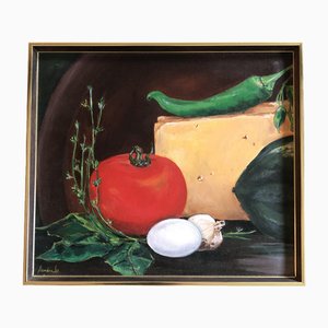 Bodegón con queso / tomate / huevo, años 70, Pintura en lienzo