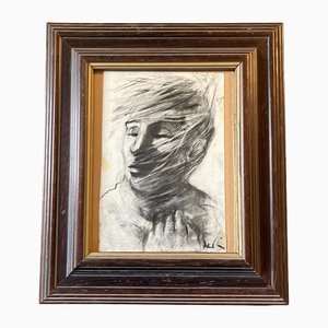 Mid Century Modern Abstract Male Portrait, Charcoal Drawing, 1970s, Framed