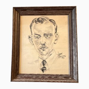 Portrait d'Homme, Années 1920, Dessin au Fusain, Encadré