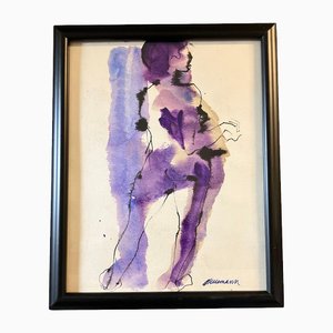 Nu Féminin Abstrait, 1970s, Aquarelle sur Papier, Encadré