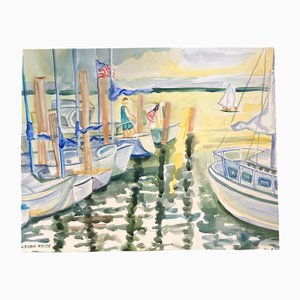 Boats in Harbor, 1980s, Watercolor on Paper