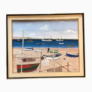 Naive Boating Beach Scene, 1970s, Painting on Canvas