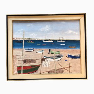 Naive Boating Beach Scene, anni '70, Dipinto su tela