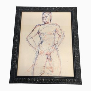 Desnudo Masculino, Años 60, Dibujo A Tinta, Enmarcado