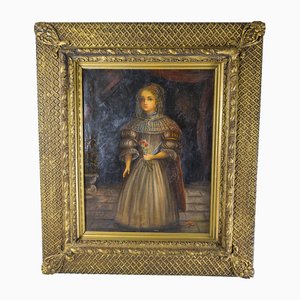 Retrato al estilo español de una niña, década de 1800, pintura sobre lienzo, enmarcado