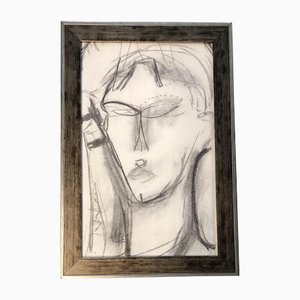 Retrato femenino abstracto Mid Century, años 70, Carbón sobre papel