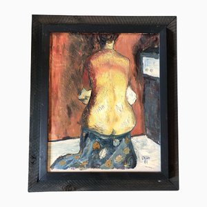 Interior modernista desnudo femenino, años 60, pintura sobre lienzo, enmarcado