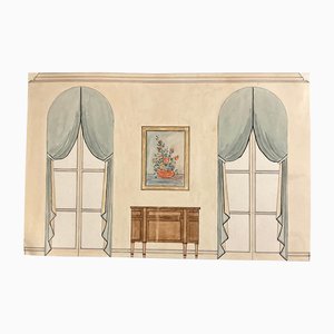 Interno architettonico in stile Regency, XX secolo, acquerello su carta