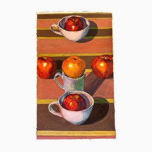 Stillleben mit Früchten & Tassen, 1980er, Farbe auf Papier