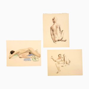 Female Nudes, 1970s, Watercolor on Paper, Set of 3