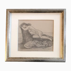 Mujer desnuda reclinada con tigre, años 50, lápiz, enmarcado