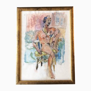Male Nude, 1970s, Watercolor on Paper, Framed