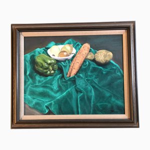 Bodegón con verduras sobre tela turquesa, años 70, pintura sobre lienzo, enmarcado