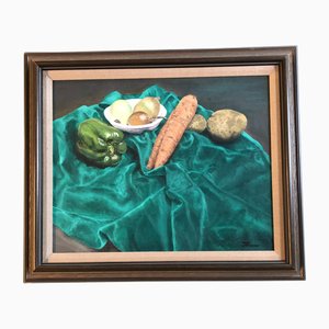 Nature Morte avec Légumes sur Tissu Turquoise, 1970s, Peinture sur Toile, Encadré