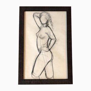 Estudio con desnudo de mujer, años 70, Carbón sobre papel, enmarcado