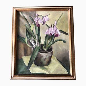 Natura morta modernista con orchidee, anni '50, dipinto su tela, con cornice