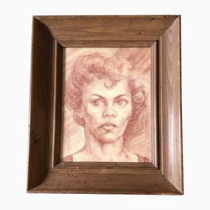 Retrato femenino, años 50, dibujo sepia, enmarcado