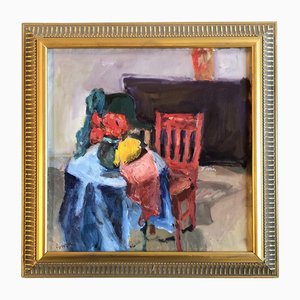 Innengemälde mit rotem Stuhl, 1990er, Gemälde auf Leinwand