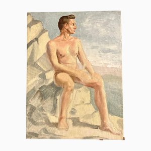 Nu Masculin sur les Rochers/Plage, 1960s, Peinture sur Toile