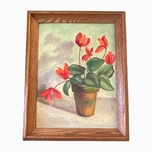 Impressionist Still Life with Cyclamens, 1950s, Painting on Canvas, Framed