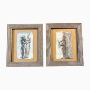 Desnudos femeninos abstractos asimétricos, años 70, técnicas mixtas, enmarcado, Juego de 2