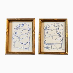 Wayne Cunningham, pequeñas composiciones abstractas, dibujos en tinta azul, años 80, enmarcado, Juego de 2