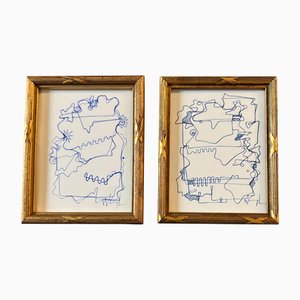 Wayne Cunningham, Small Abstract Compositions, Blue Ink Drawings, 1980s, Framed, Set of 2