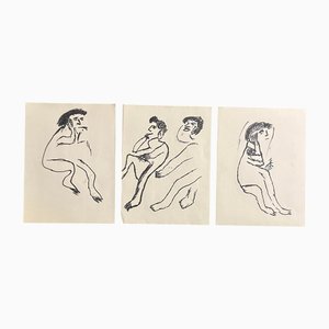 Folk Art Abstract Figures, Marker Drawings, 1970s, Set of 3