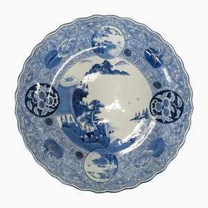 Cuenco japonés antiguo grande Arita Imari azul y blanco