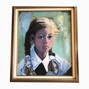 Retrato de niña de ojos grandes, años 70, pintura, enmarcado