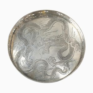19th Century Chinese Export Chinoiserie Silver Tray with Dragon by Wang Hing