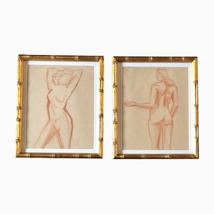 Female Nudes, Sepia Drawings, 1920s, Framed, Set of 2