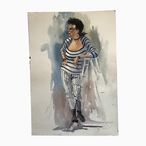Mujer con retrato de máscara, años 80, Acuarela sobre papel