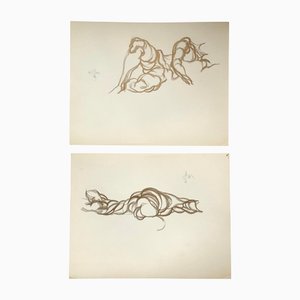 Abstract Nude Studies, Charcoal Drawings, 1980s, Set of 2