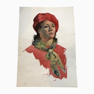 Portrait de Femme Recto-Verso, 1980s, Aquarelle sur Papier