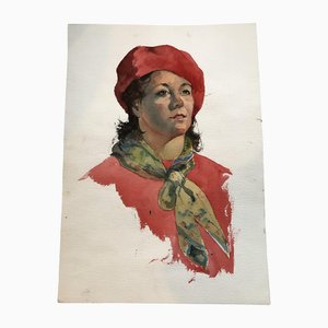 Ritratto femminile fronte/retro, anni '80, acquerello su carta
