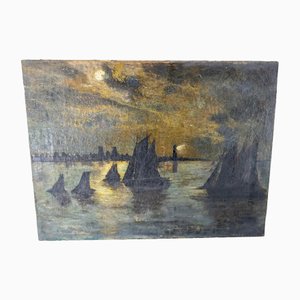 Escena del puerto tonalista inglés, década de 1800, óleo sobre lienzo