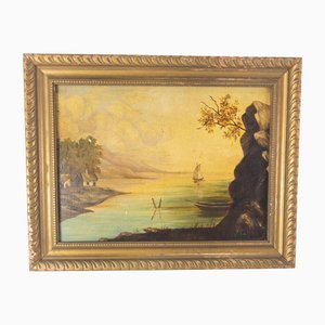 Folk Art Americana Landscape, 1800s, Oil Painting, Framed
