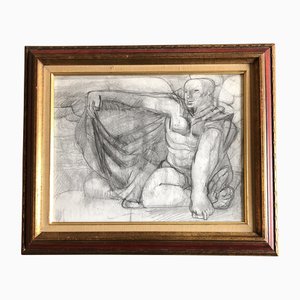 Desnudo masculino Art Déco, estudio en carbón, años 50, enmarcado