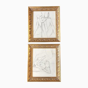 Abstract Studies, 1970s, Charcoal on Paper, Framed, Set of 2